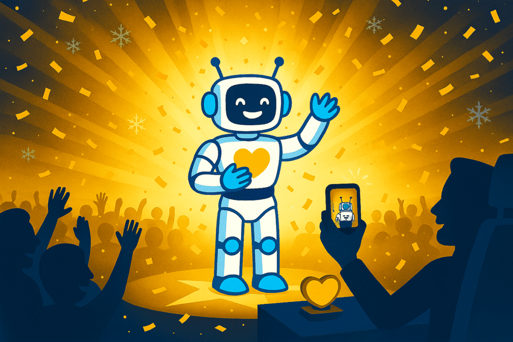 Celebratory robot waving on a lit stage with confetti and an audience cheering.